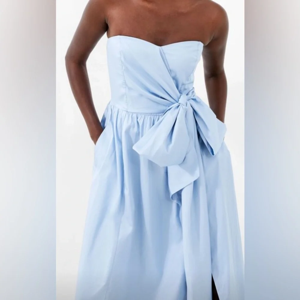 French Connection Sky Blue Strapless Reversible Waist Tie Midi Dress - Picture 5 of 9